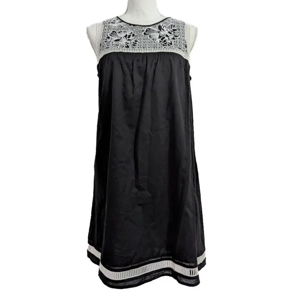 Tory Burch Hopewell Cotton Black Cotton Dress with White Lace Embroidery